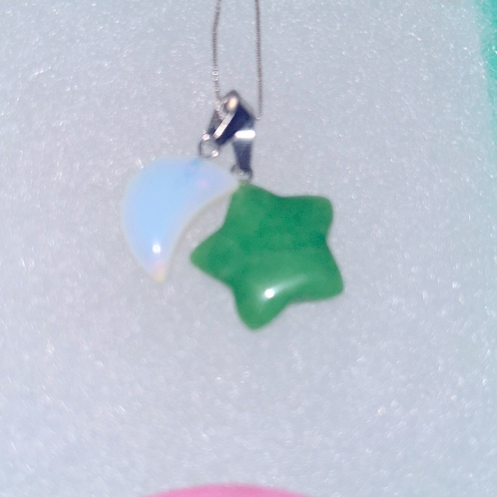 Jade Star and Opal Crystal moon sterling silver 16” necklace